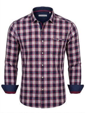 7 DIAMONDS Play By Play Shirt Men L Red Navy Plaid Cotton Button Up Long Sleeve